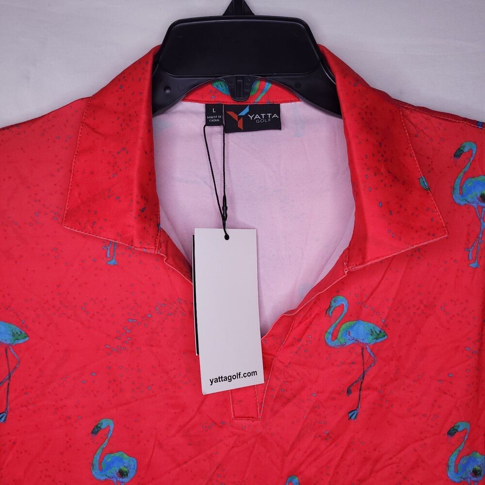 Yatta Golf Polo Shirt Womens Large Red Flamingo Print Just Beachy NWT - Picture 2 of 13